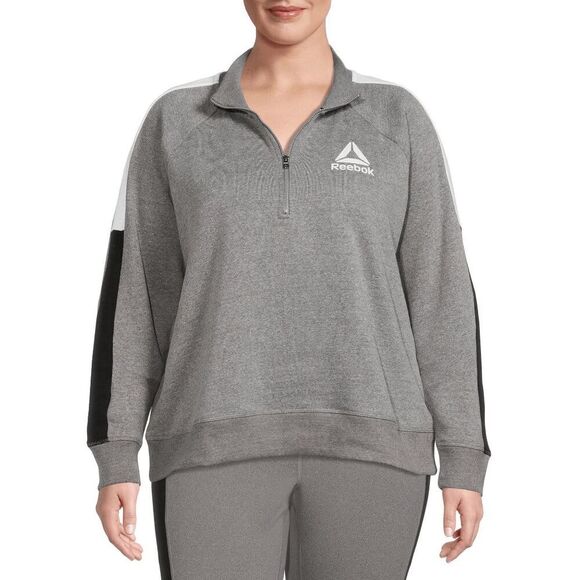 Reebok Womens Sweatshirt Size L Gray Black Colorblock 1/4 Zip Logo Pullover - Picture 1 of 4